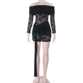 Vestido mini ajustado de fiesta para mujer de otoño, de un solo hombro, color sólido, con encaje transparente y cinta.