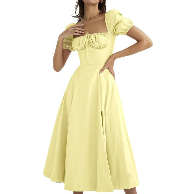 Vestido Largo Manga Burbuja Un Hombro Silueta A-Line con Abertura y Cordón Mujer