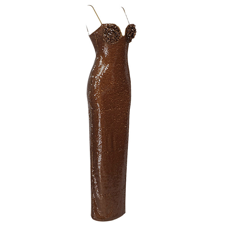 Women's Catwalk Party Off-The-Shoulder Brown Sequined Slit Long Skirt Suspender Dress