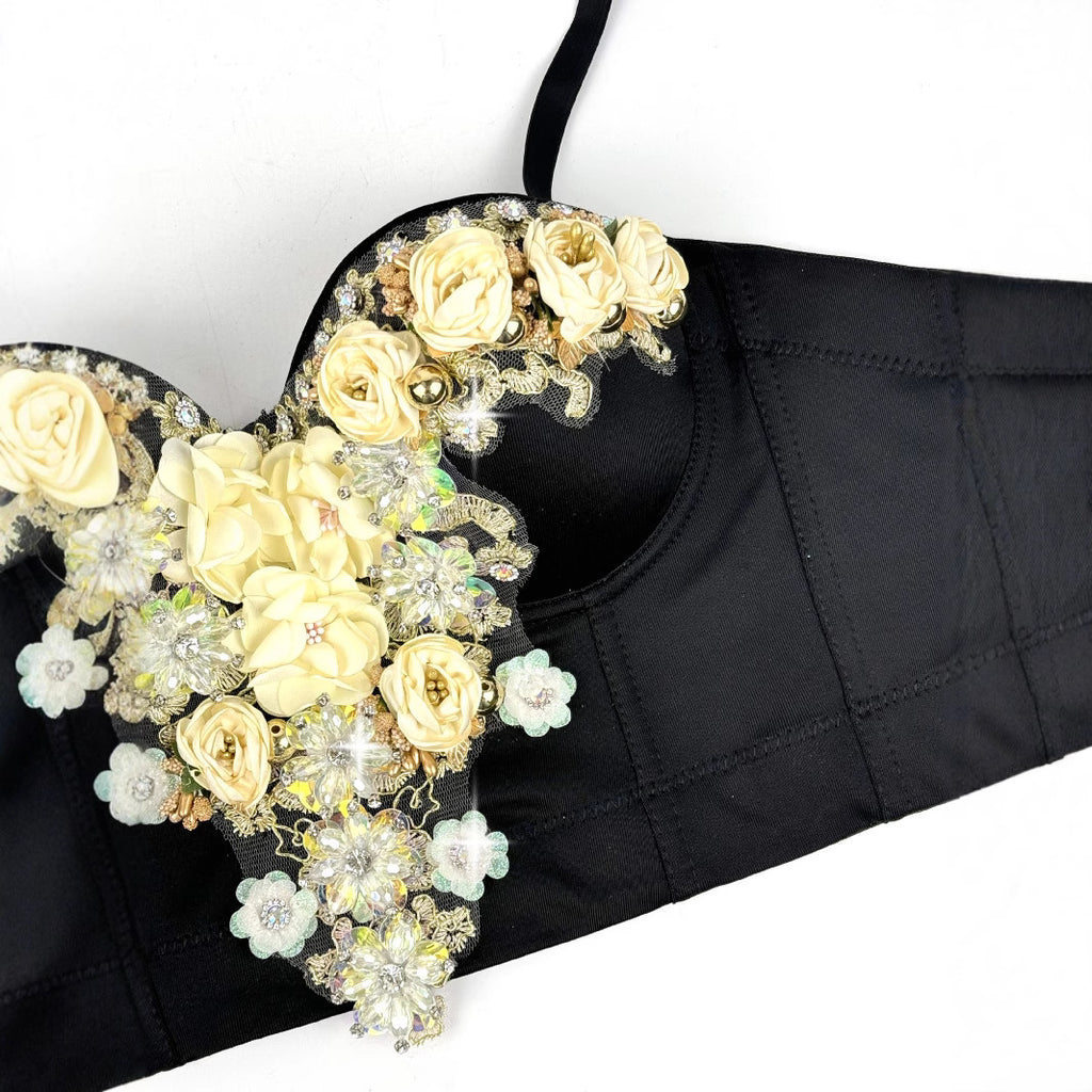 Top Corsé de pedrería con flores estilo europeo y americano