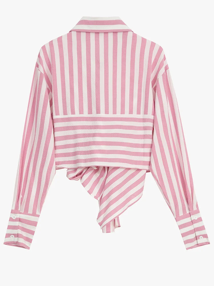 Women pink Color Striped Bow Casual Blouse New Lapel Long Sleeve Loose Fit Shirt Fashion Tide Spring Autumn