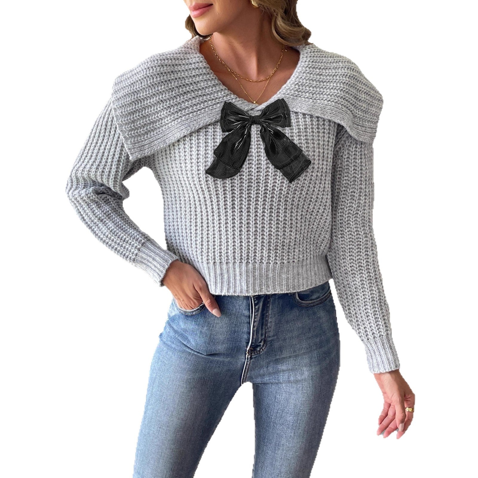 Women's Short Knit Sweater with Large Turn-Down Collar and Bow Detail