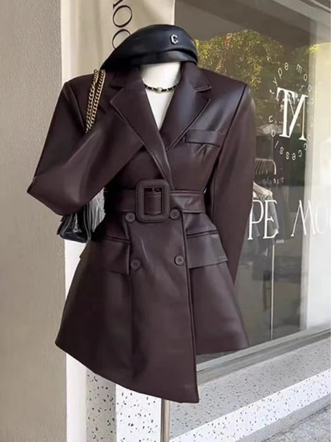 Chaqueta Cuero Sintético PU Manga Larga Bajo Asimétrico Cinturón Office Lady Mujer Negro Café