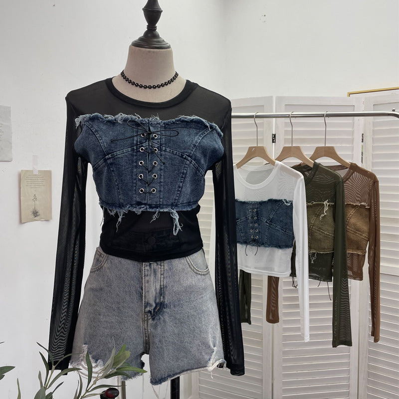 Denim Patchwork Frayed Binding Slim Long Sleeve Short Mesh Top T-Shirt