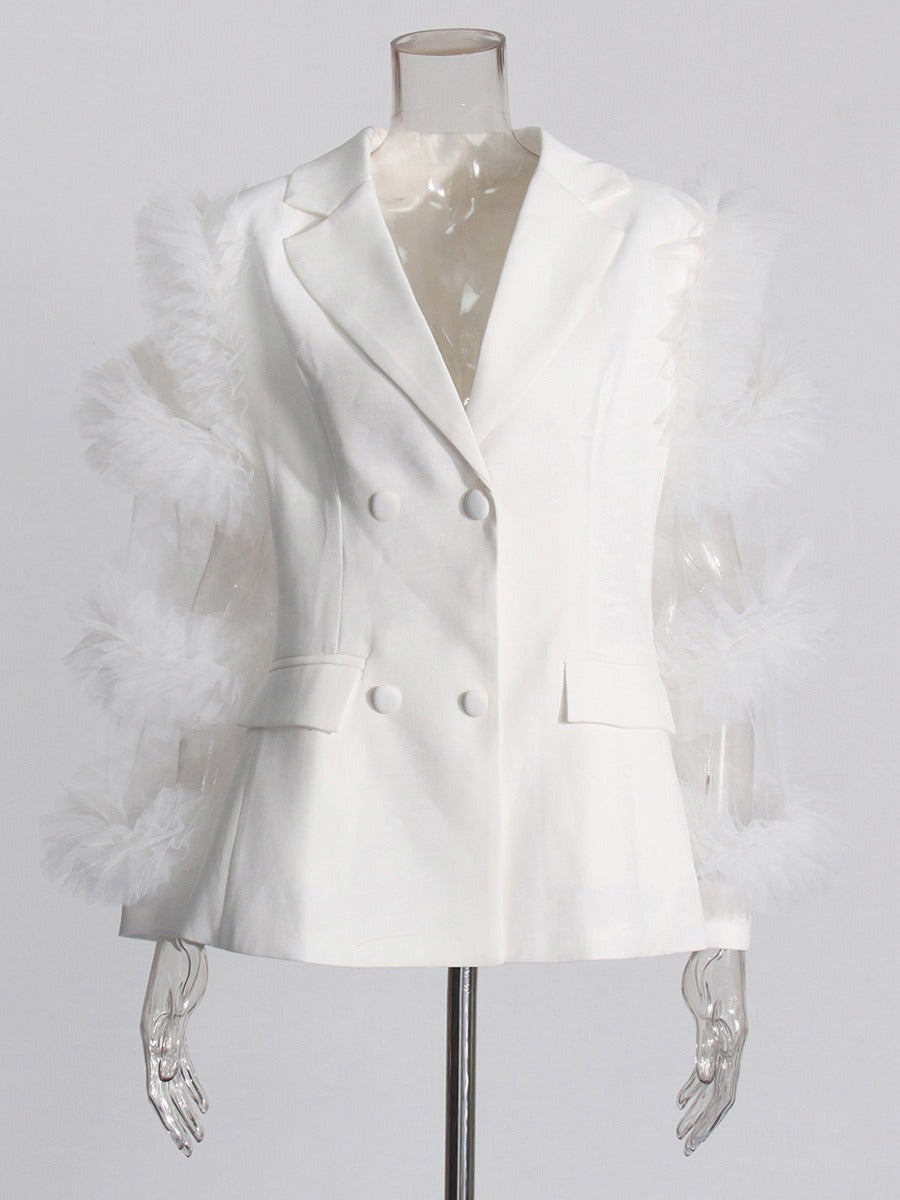 Blazer Estilo Británico Poliéster Cuello Traje Doble Botonadura Manga Volante Tul Empalmado Elegante Commuter Mujer Blanco