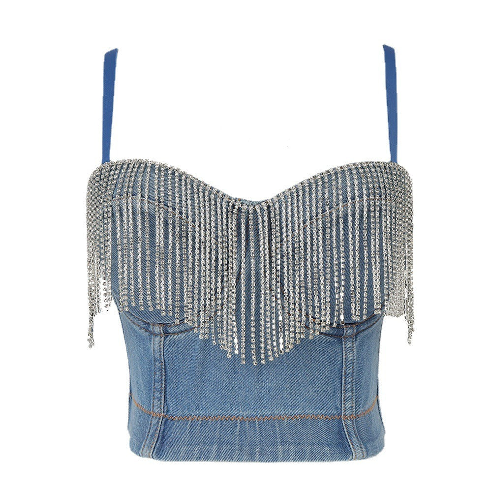 Top corto tipo corsé de mezclilla desgastada para fiesta, con tirantes finos, bustier sexy, lentejuelas brillantes, flecos y pedrería.