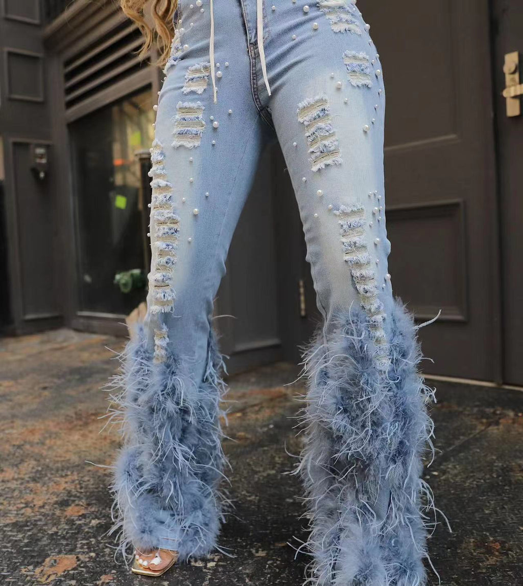 Vaquero Recto Talle Medio Abalorios Flecos Largos Streetwear Americano Mujer