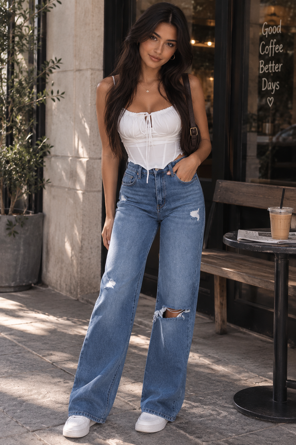 Vaqueros Rotos Pierna Ancha Cintura Alta Denim Vintage Casual Mujer