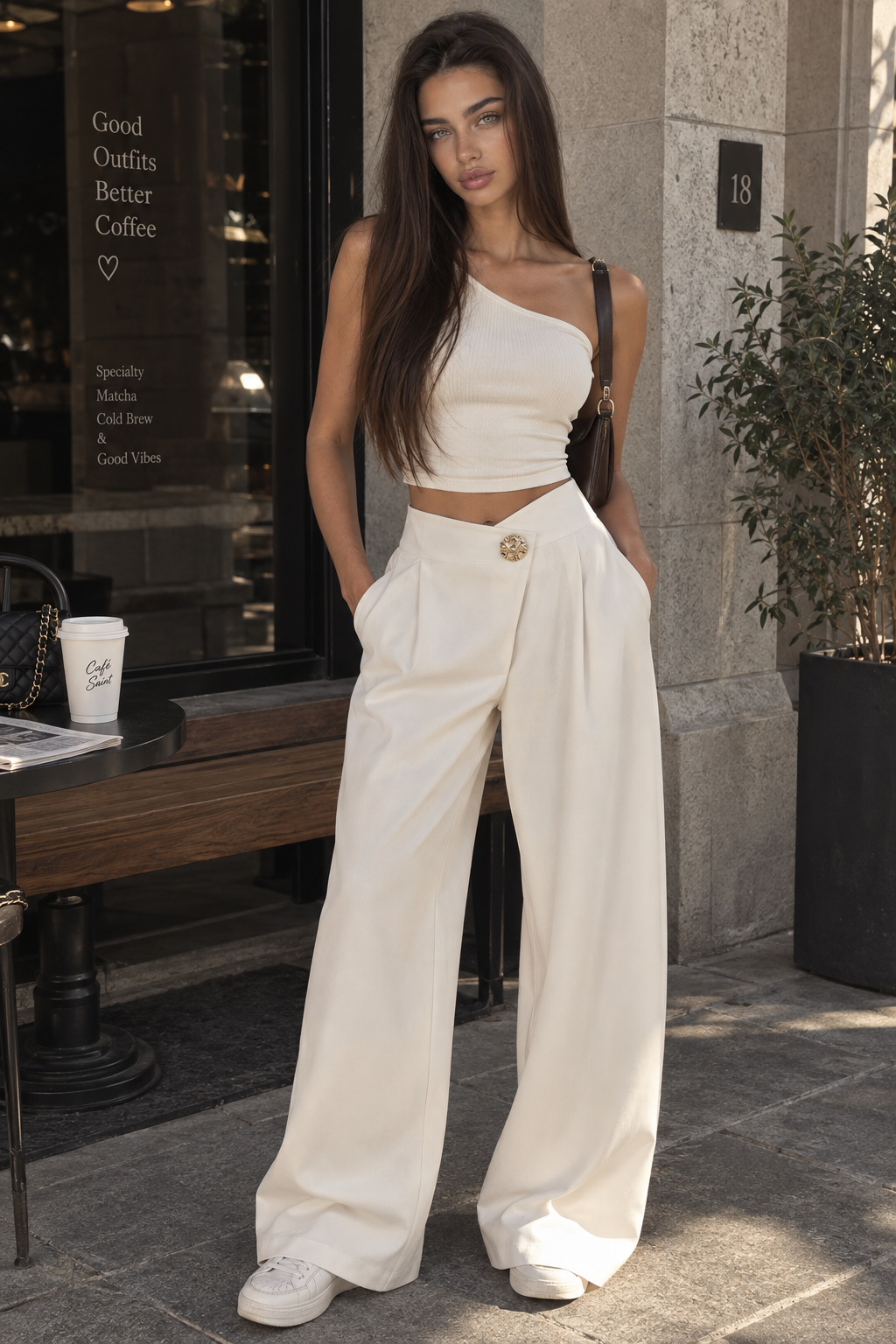 Pantalón Largo Recto Cintura Alta Irregular con Bolsillos Elegante Mujer