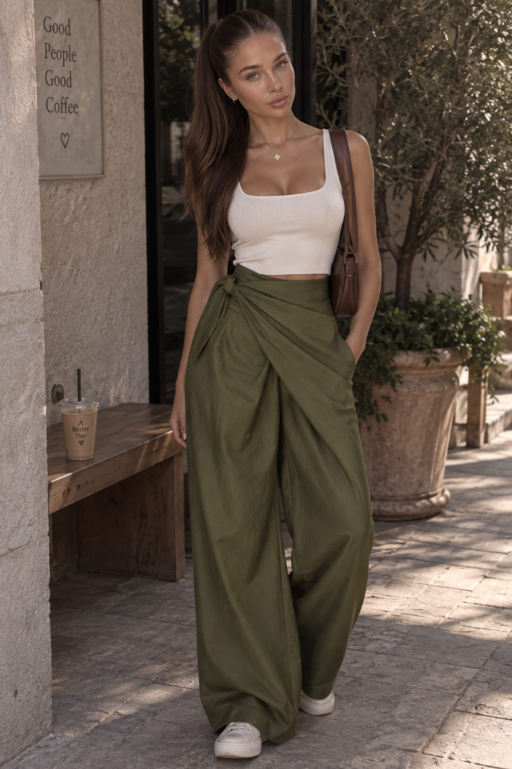 Pantalón Ajustado Pierna Recta Detalle Tirante Cruzado Elegante Casual Mujer