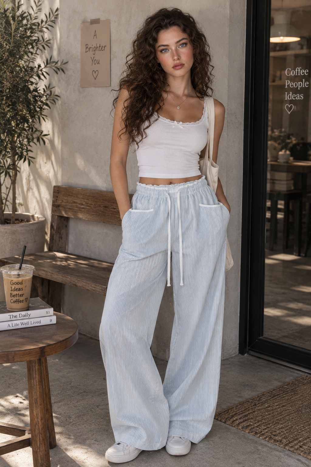 Pantalón Pierna Ancha Recta Cintura Alta Rayas Street Fashion Tencel Mujer