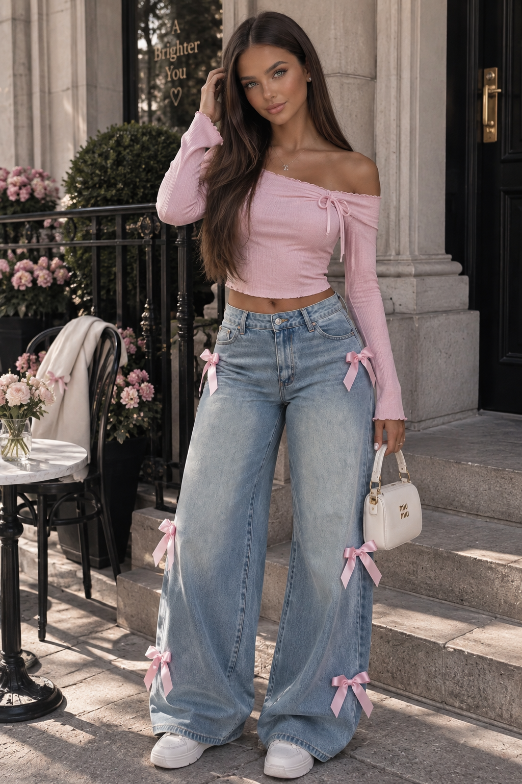 Vaquero Pierna Ancha Talle Alto Lazo Bolsillos Botones Denim Mujer
