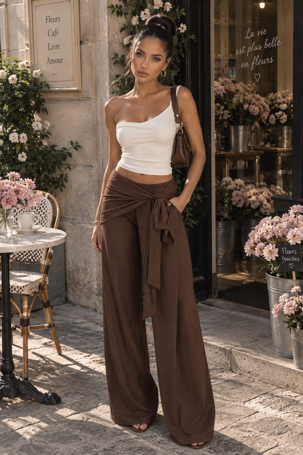 Pantalón Largo Acampanado Liso Cordón Talle Bajo Holgado Estilizador Marrón Mujer
