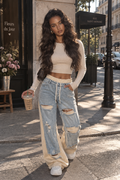 Pantalón Pierna Ancha Cintura Alta Patchwork Roto Lazo Streetwear Mujer Tallas Grandes