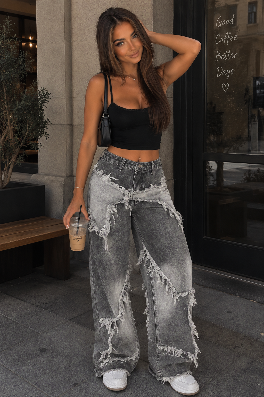 Vintage Star Patchwork Heavy Washed Denim Pants Women Raw Hem Design Floor-Length Straight Leg Jeans