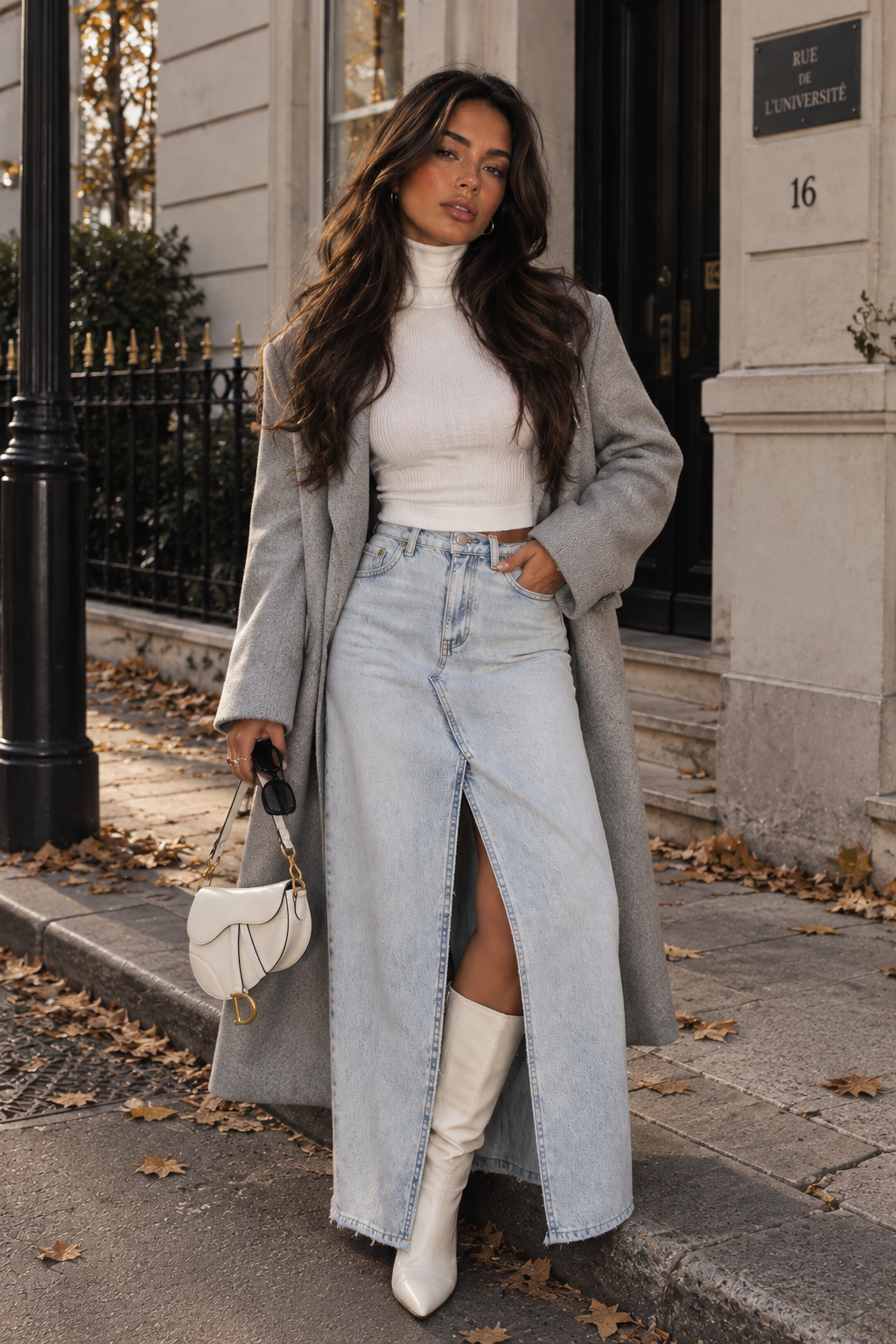 Falda Larga Vaquera Asimétrica Abertura Frontal Borde Deshilachado Denim Lavado Coreano Chic Mujer