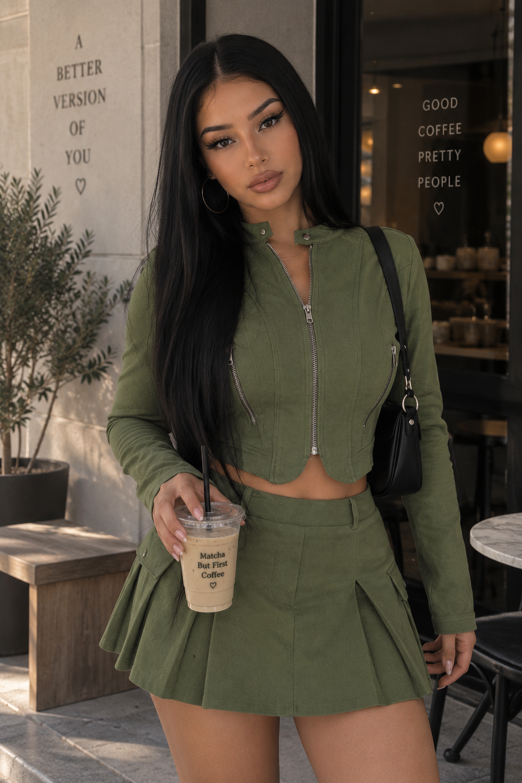Conjunto Dos Piezas Top Manga Larga Cremallera Mini Falda Poliéster Sexy Casual Mujer