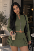 Conjunto Dos Piezas Top Manga Larga Cremallera Mini Falda Poliéster Sexy Casual Mujer