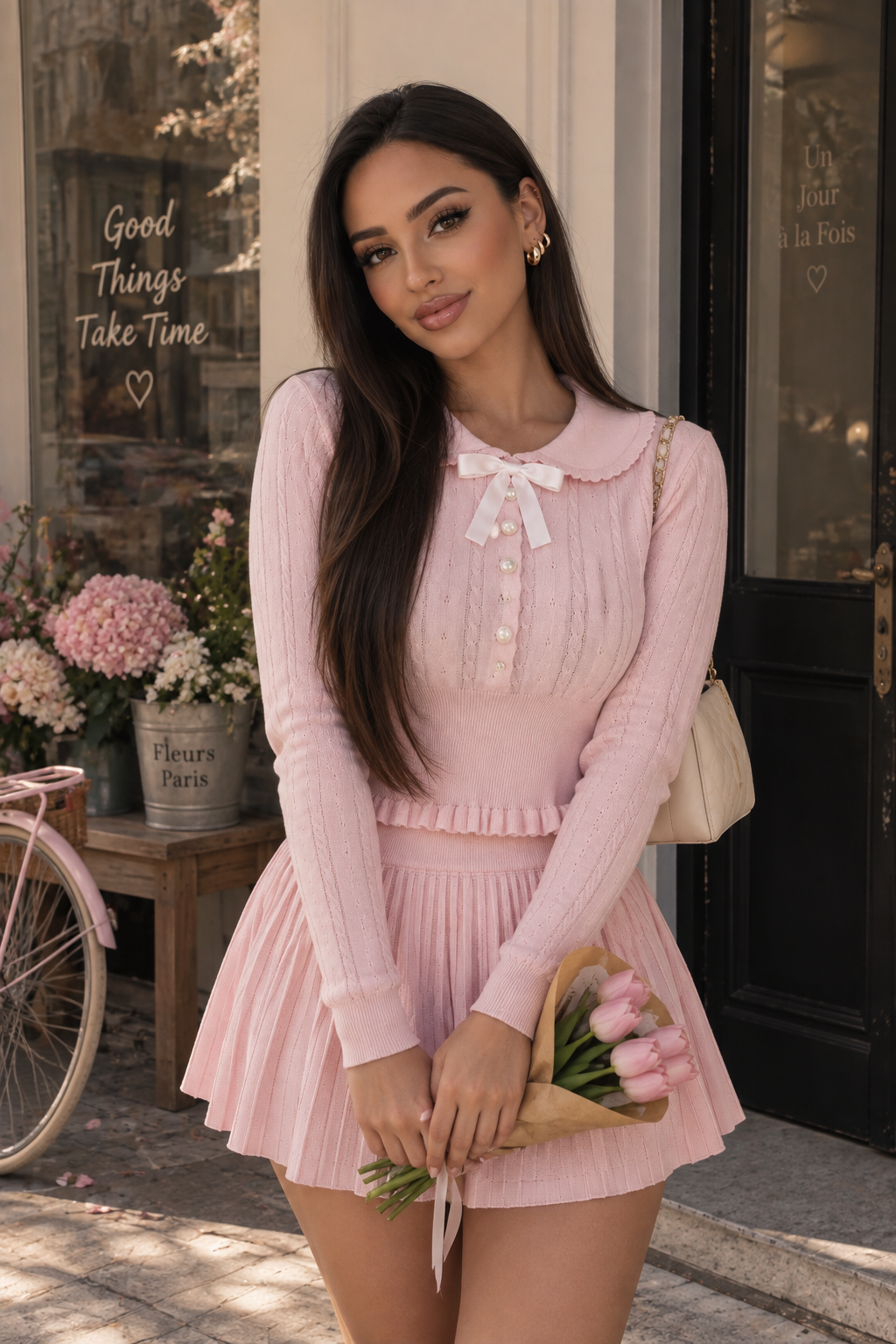 Conjunto Punto Elástico Dos Piezas Jersey Manga Larga Mini Falda Dulce Casual Otoño Invierno Mujer Rosa