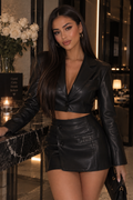 Conjunto Dos Piezas Blazer Cropped Cuero Sintético PU Mini Falda Botones Streetwear Chic Otoño Mujer