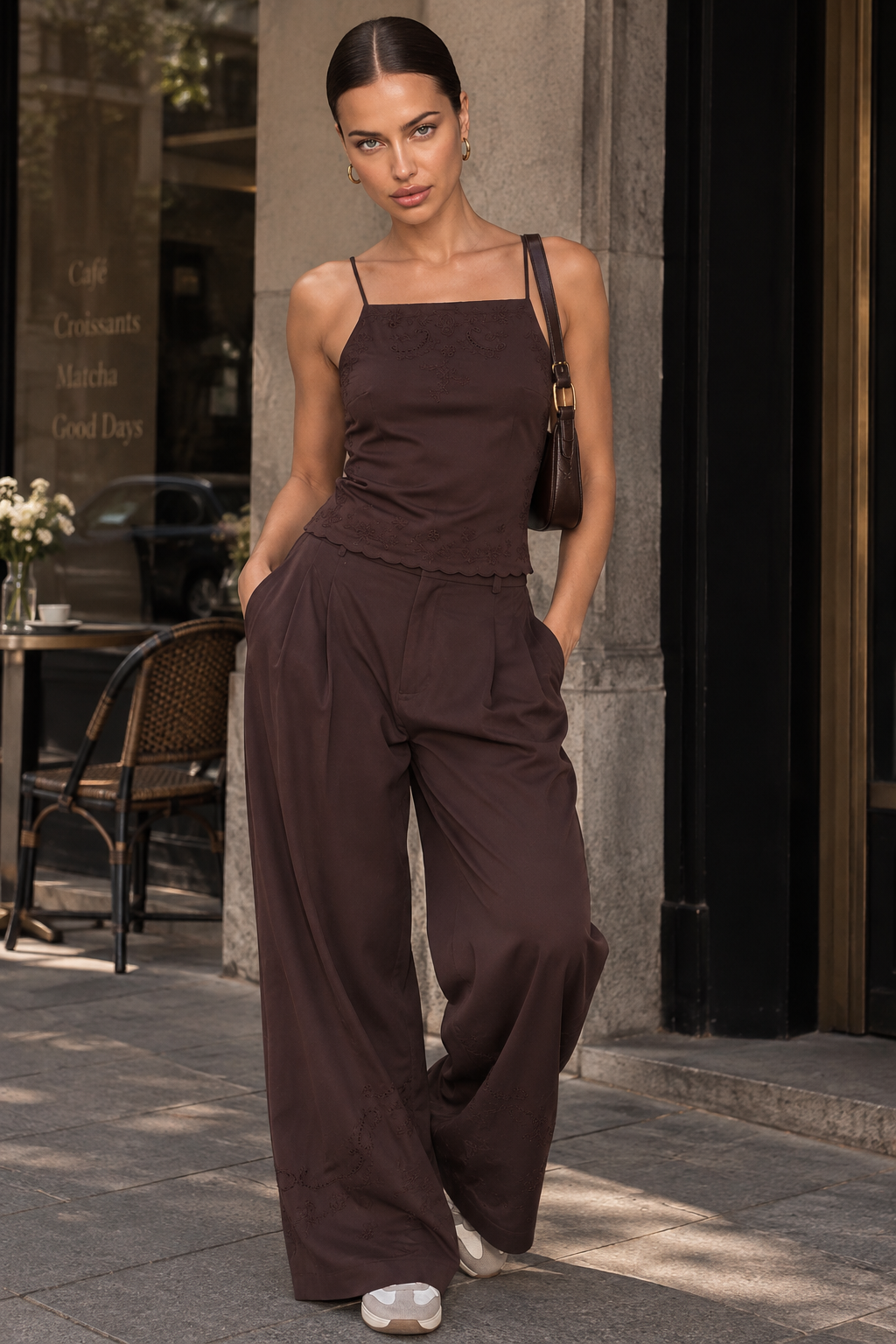 Conjunto Dos Piezas Top Bordado Espalda Descubierta Sin Mangas y Pantalón Largo Casual Poliéster Slim Fit Mujer Marrón
