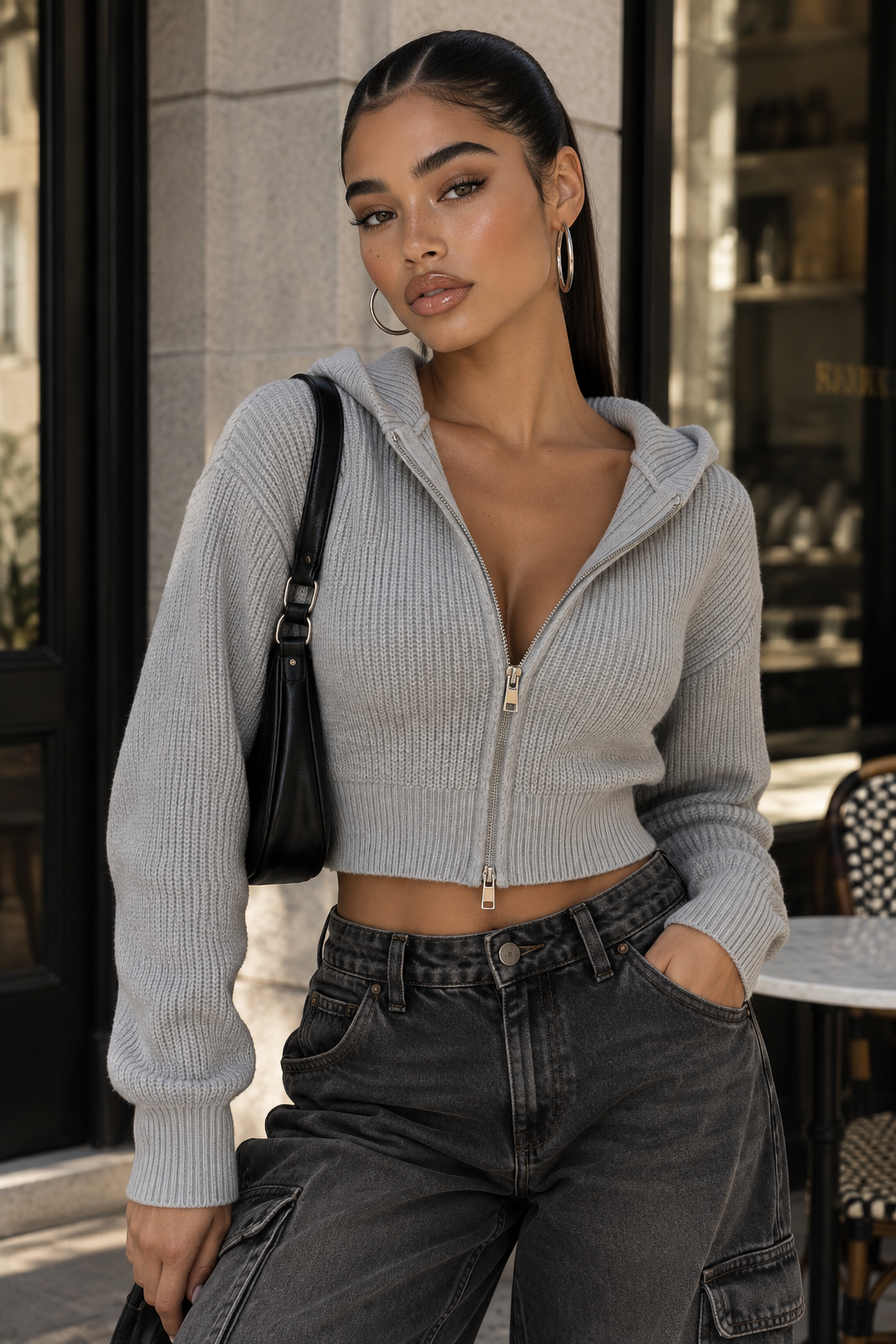 Cárdigan Corto Cremallera Capucha Punto Acanalado Waffle Acrílico Casual Mujer Gris Negro