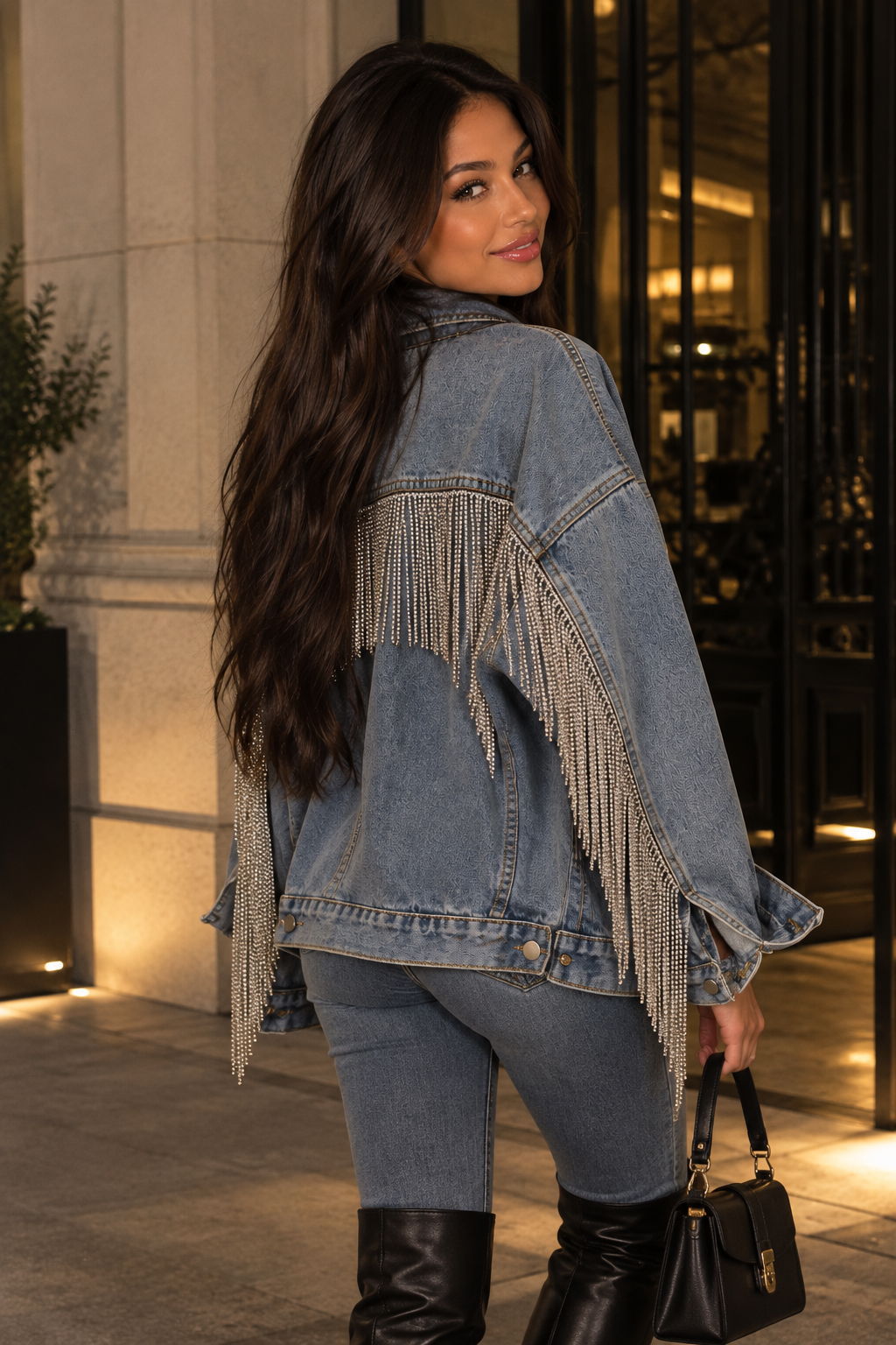Chaqueta Corta Vaquera Denim Algodón Manga Murciélago Cadenas Flecos Industria Pesada Street Fashion Mujer Azul