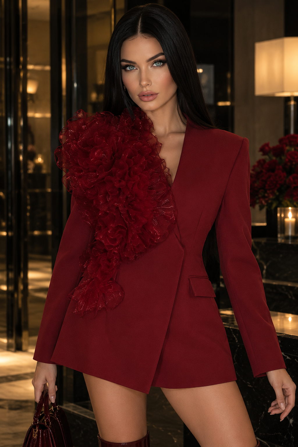 Blazer Poliéster Slim Fit Encaje Floral Empalmado Cuello V Manga Larga Elegante Alta Gama Mujer Rojo