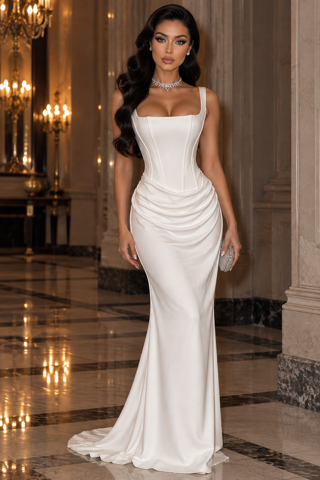 Vestido Largo Satén Sin Tirantes Ballenas Escote V Profundo Cruzado Ajustado Drapeado Elegante Noche Banquete Mujer Blanco Burdeos