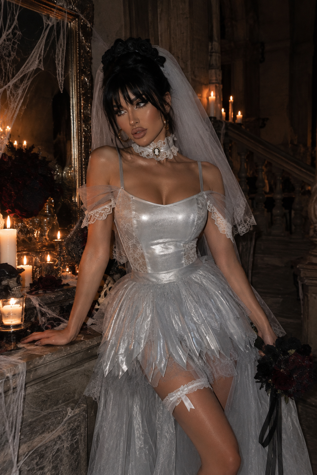 Disfraz Novia Gótica Halloween Velo Bruja Sombras Velas Spandex