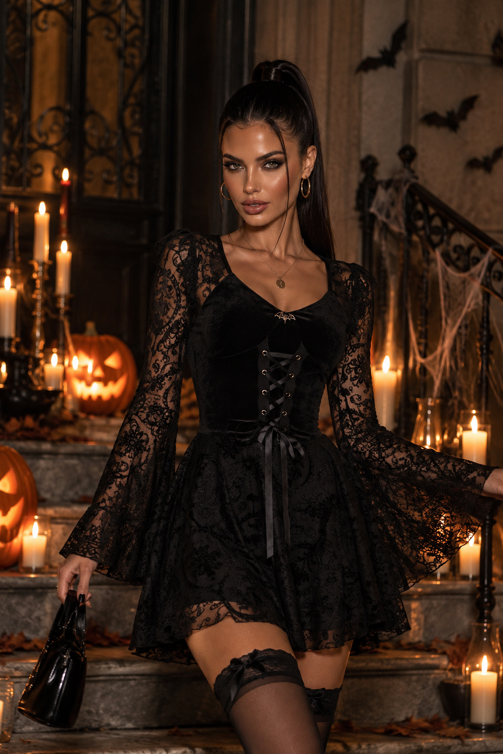 Vestido Largo Terciopelo Retro Glamour Gótico Manga Larga Ajustado Negro