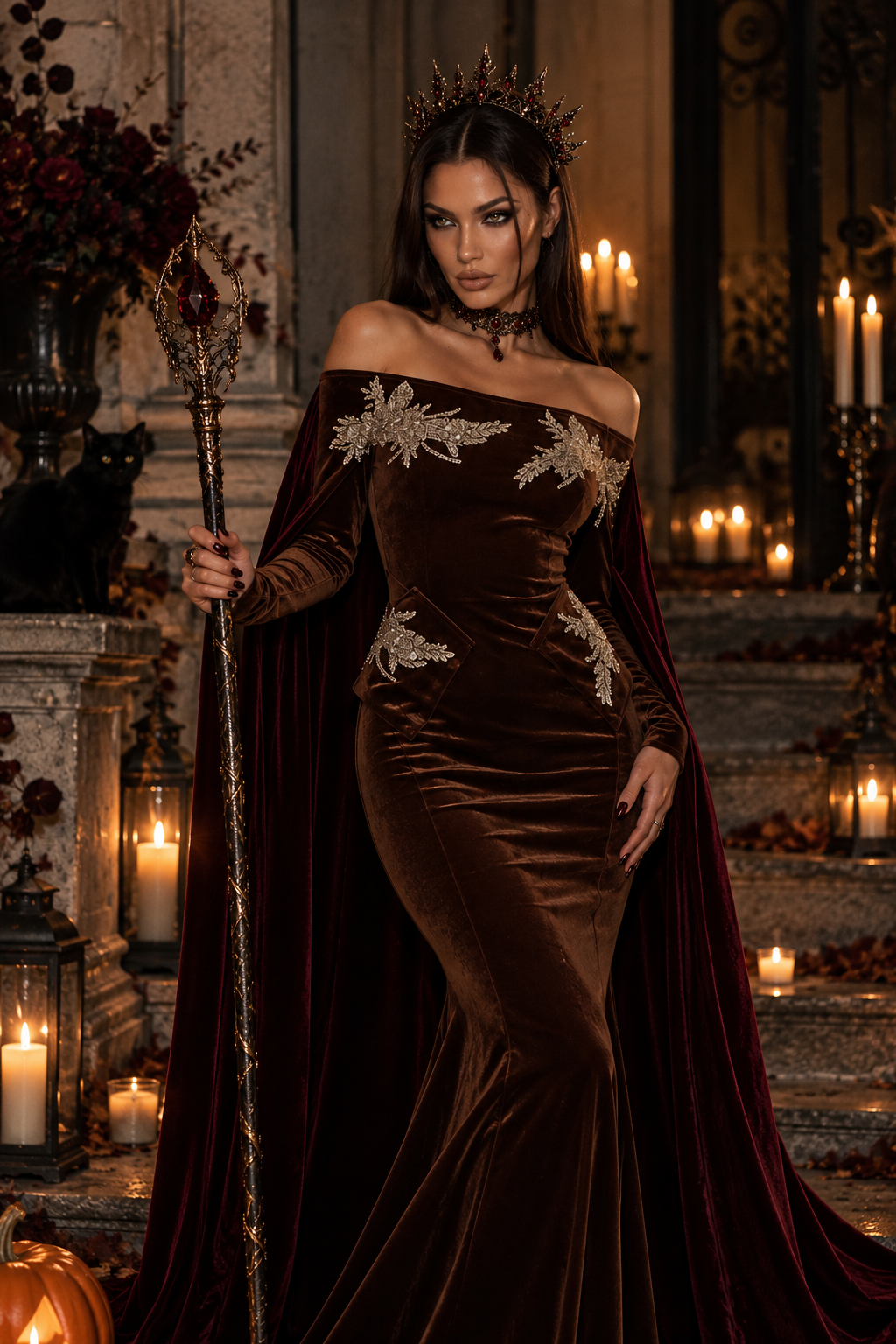Vestido Largo Terciopelo Reina Gótica Un Hombro Diamantes Pencil Manga Larga