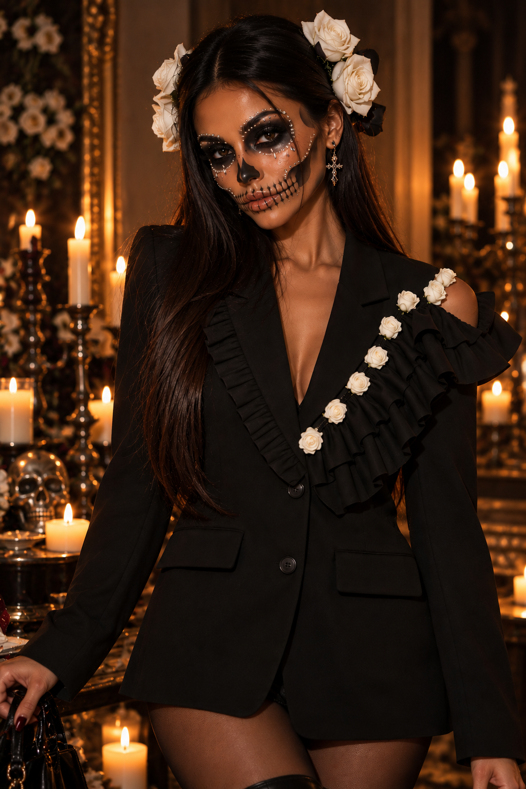 Blazer Negro Holgado Calavera Gótica Cuello Ola Manga Larga Mujer