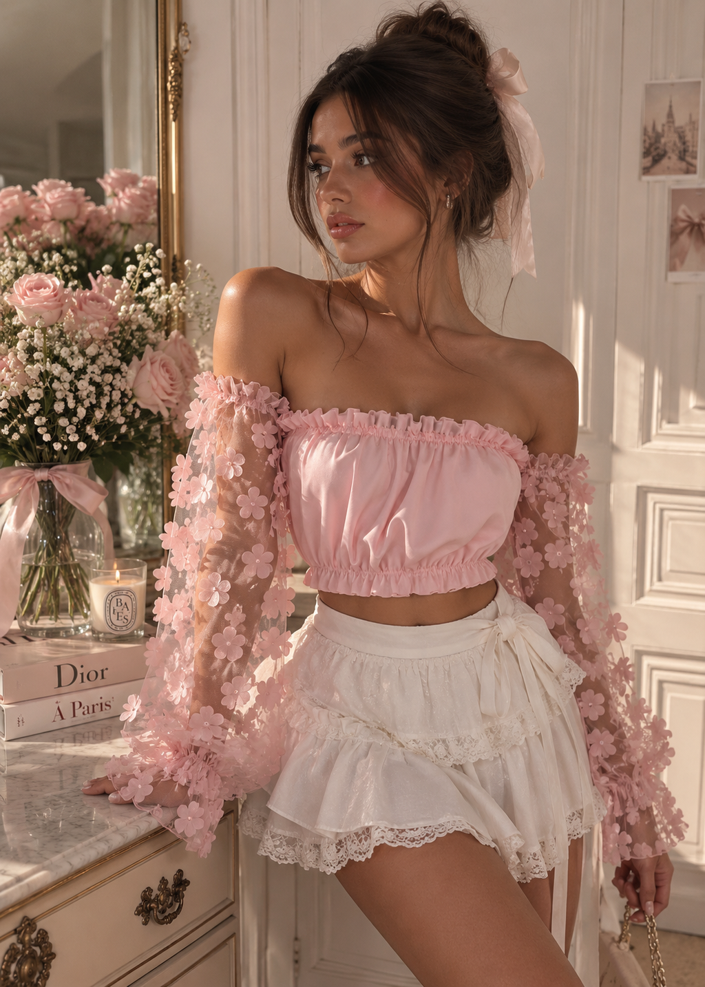 Top Off Shoulder Flores 3D Chifón Malla Mujer