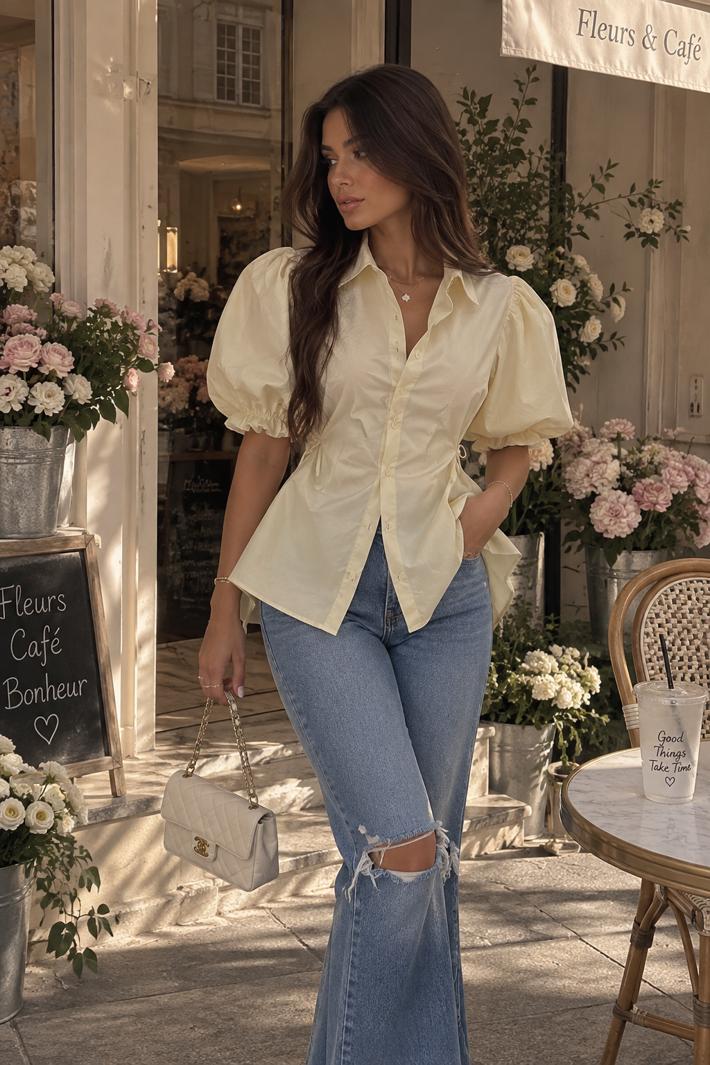Camisa Cuello Polo Manga Farol Cintura Ceñida Estilo Coreano Mujer