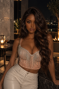 Top Strapless Strass Borlas Espalda Descubierta Sujetador Integrado Mujer