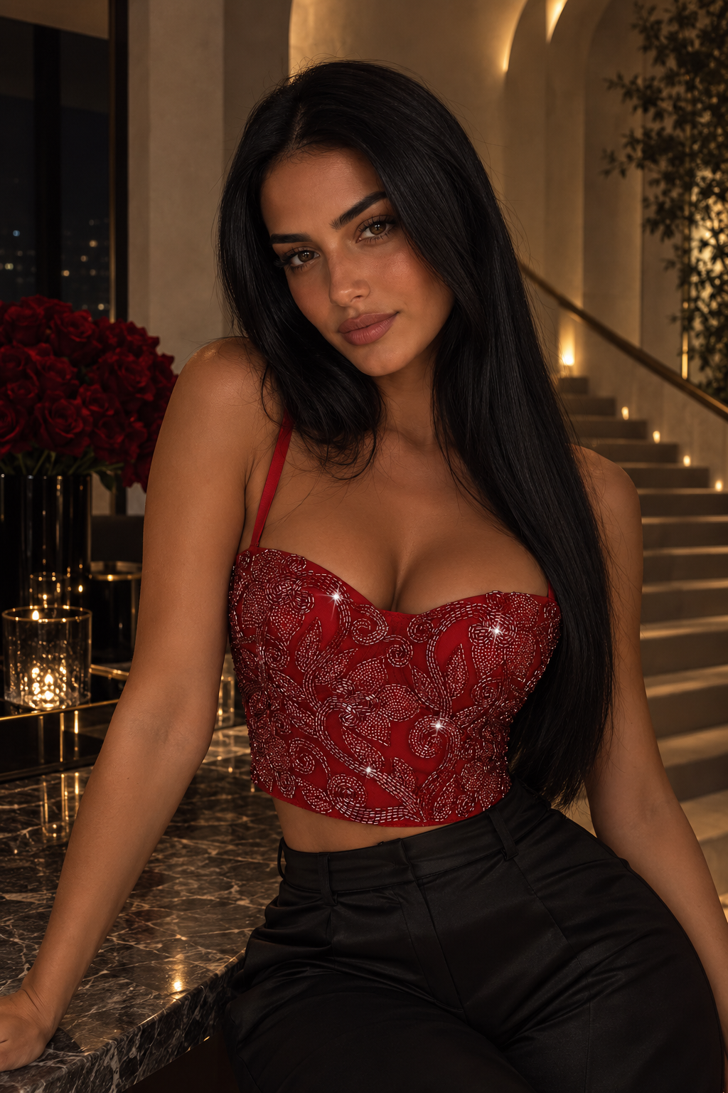 Top Strapless Lentejuelas Bordadas Varillas Sujeción Estilo Celebrity Mujer