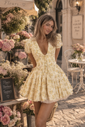 Vestido Largo Floral Escote en V Manga Corta Cintura Alta Silueta A-Line Mujer