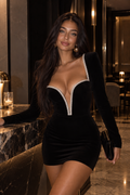 Vestido Mini Ajustado Manga Larga Escote V Profundo con Diamantes Fiesta Mujer