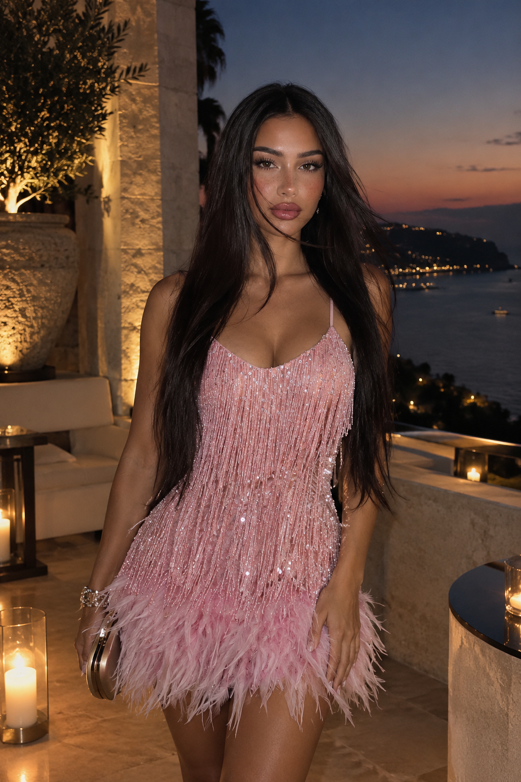 Vestido con Lentejuelas Flecos y Panel de Plumas Sexy Elegante Mujer