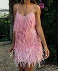 Vestido con Lentejuelas Flecos y Panel de Plumas Sexy Elegante Mujer