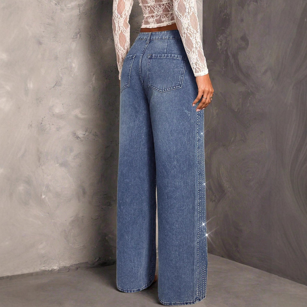 Vaquero Recto Holgado Talle Medio Strass Irregular Denim Street Fashion Mujer