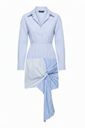 Vestido Camisero Azul Fruncido con Manga Larga Elegante