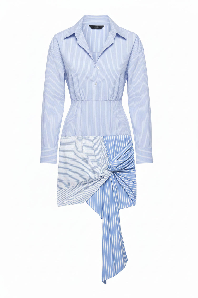 Vestido Camisero Azul Fruncido con Manga Larga Elegante