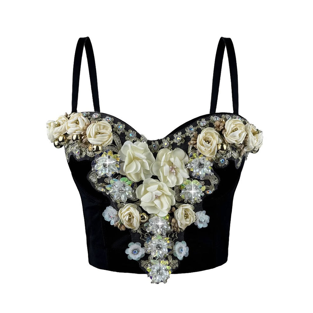 Top Corsé de pedrería con flores estilo europeo y americano