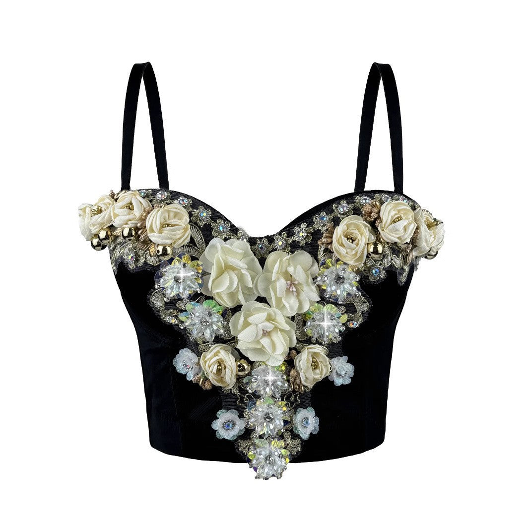 Top Corsé de pedrería con flores estilo europeo y americano