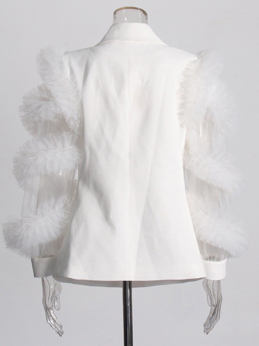 Blazer Estilo Británico Poliéster Cuello Traje Doble Botonadura Manga Volante Tul Empalmado Elegante Commuter Mujer Blanco