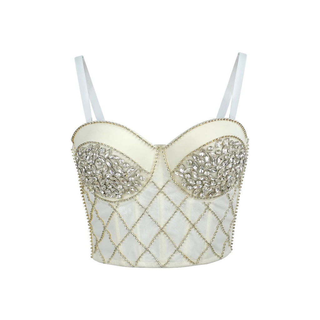 Strapless Bralette for Women with Rhinestone Pearl Diamond Pattern Heavy Workmanship