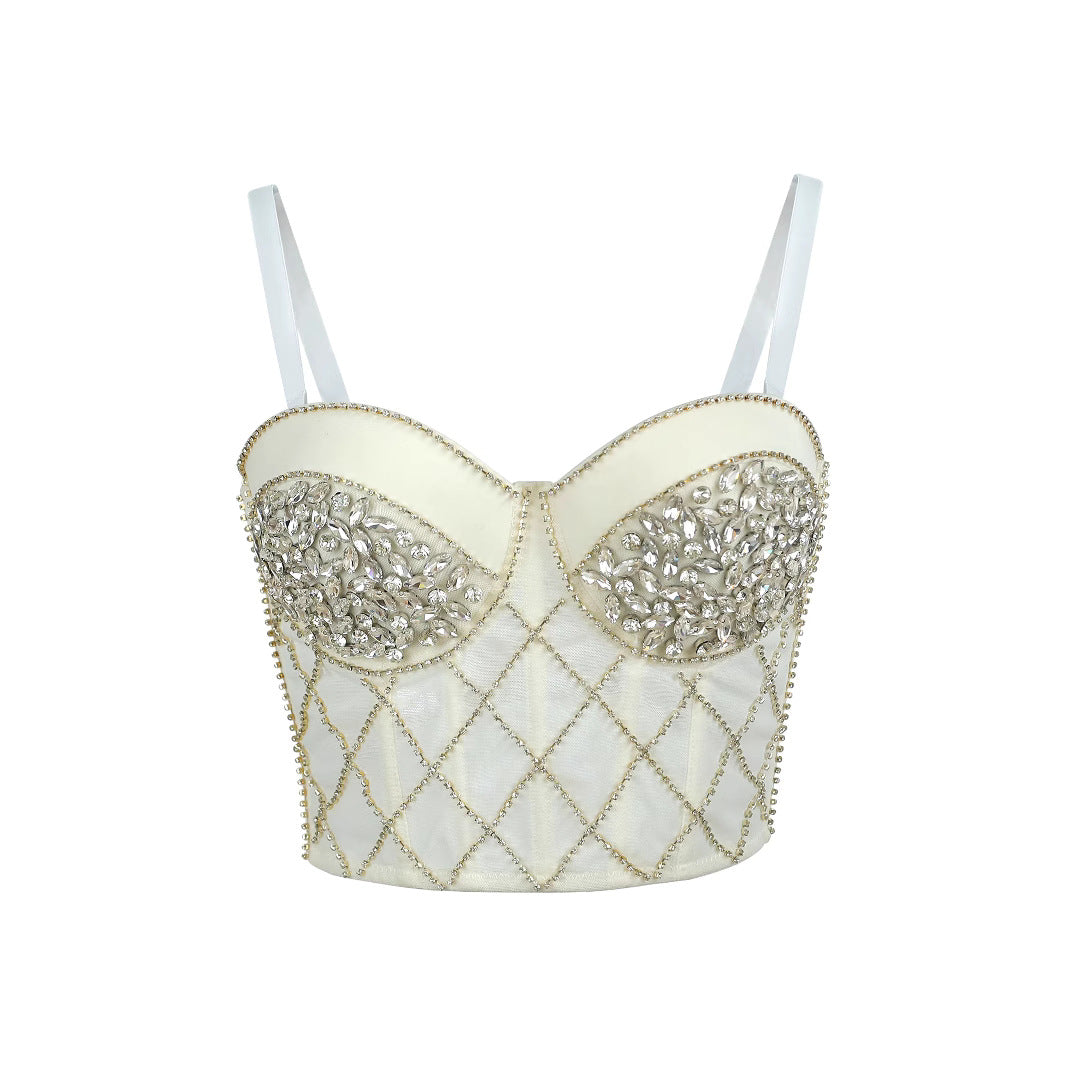 Strapless Bralette for Women with Rhinestone Pearl Diamond Pattern Heavy Workmanship