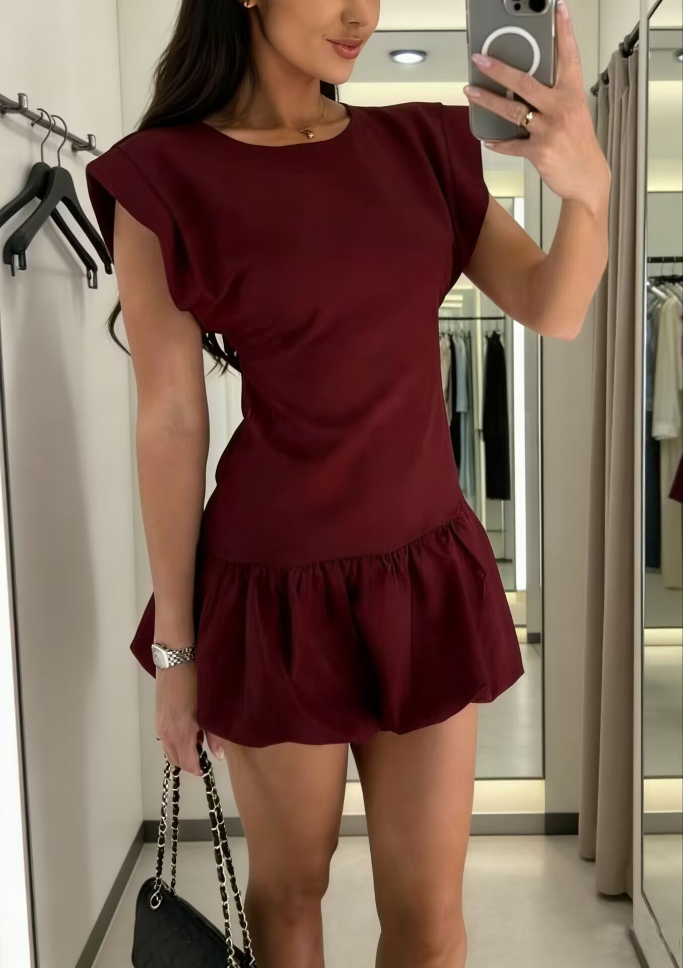 Chic Solid Color Short Sleeve Ruffle Dress for Women  Fashion Dress
